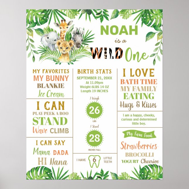 Jungle Safari 1-årsjubileum Födelsestatistik Poster (Framsidan)