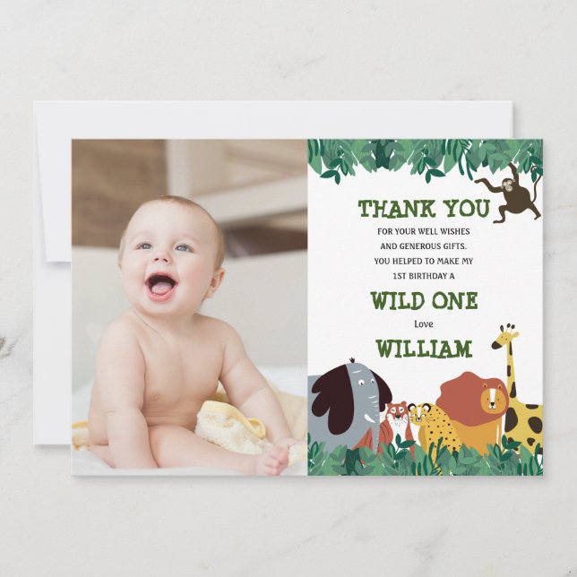 Jungle Safari 1st Birthday Vild 1 Tack Kort (Framsida)