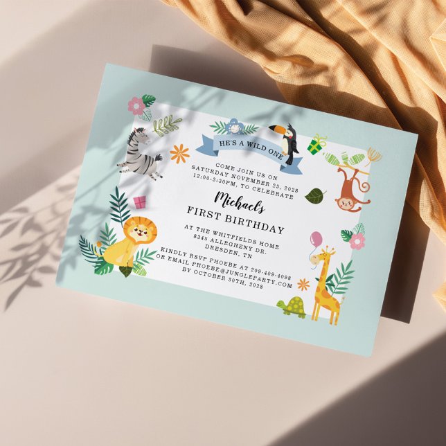 Jungle Safari Animal 1:a födelsedag Vild ett Anteckningskort (First Birthday Party Jungle Theme Invitation Front View)