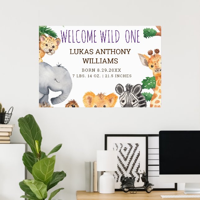 Jungle Safari Animal Baby Birth Notice Poster (Hemmakontoret)