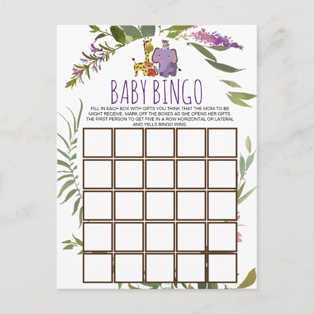 Jungle Safari Animal Baby Shower Bingo Card Vykort (Framsida)