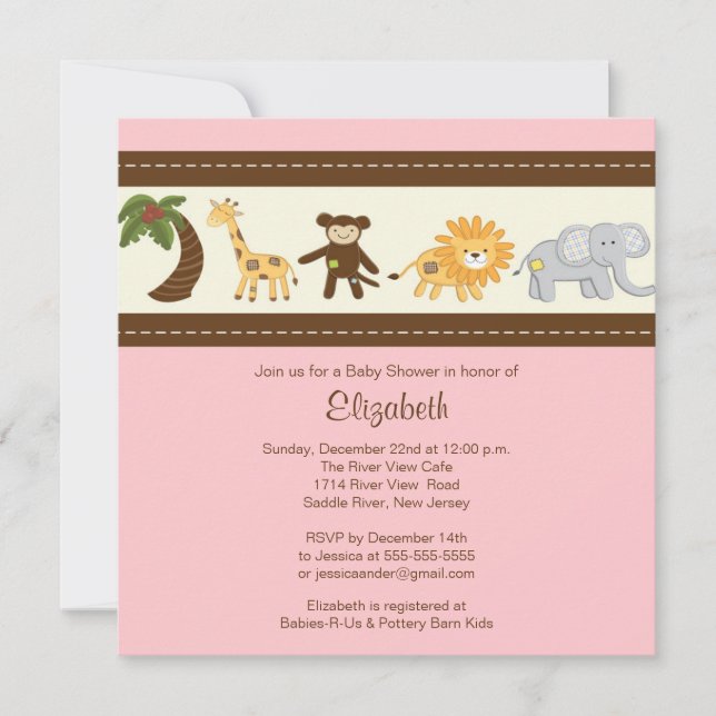 Jungle Safari Animal Girl Baby Shower Inbjudningar (Framsida)