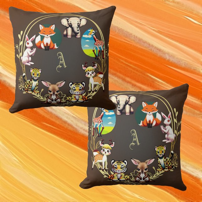 Jungle Safari Animal Kingdom Mörk Skogen Monogram Kudde (Jungle Safari Animal Kingdom Dark Woods Monogram Throw Pillow)