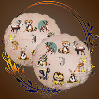 Jungle Safari Animal Kingdom Woodland Monogram Kid Rund Kudde