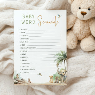 Jungle Safari Animals Baby Ord Scramble Game Card Inbjudningar