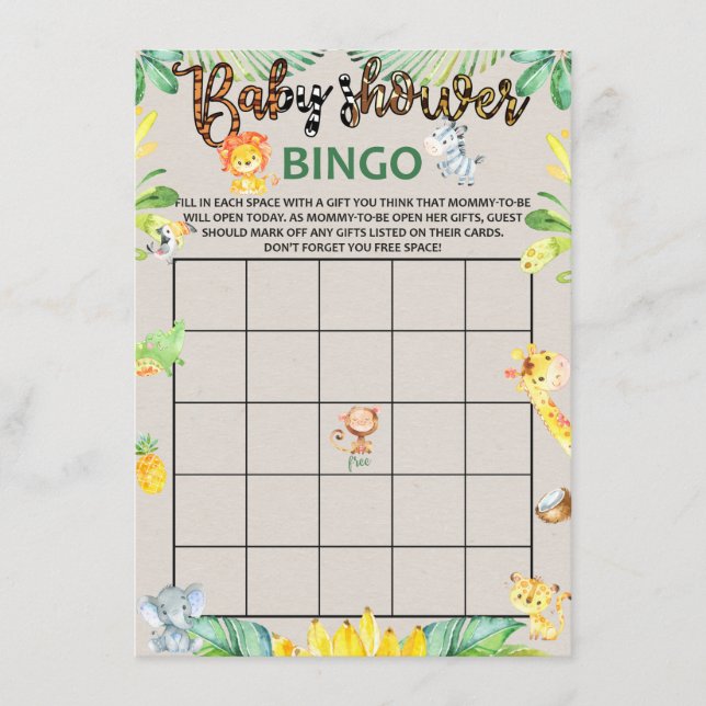 Jungle Safari Animals Baby Shower Bingo Game Card Tilläggskort (Framsida)