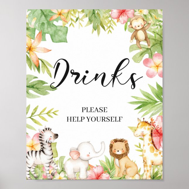 Jungle Safari Animals Baby Shower Drinks Sign Poster (Framsidan)