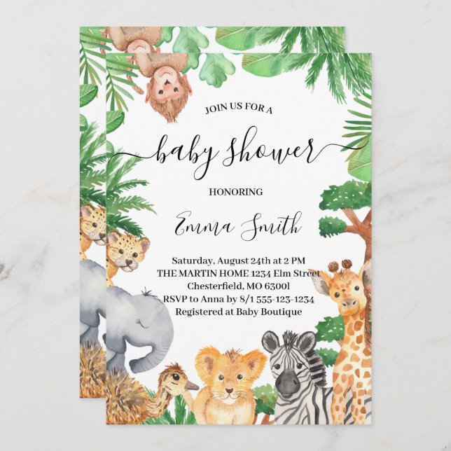 Jungle Safari Animals Baby Shower-inbjudan Inbjudningar (Fram/baksida)