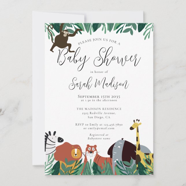Jungle Safari Animals Baby Shower Inbjudningar (Framsida)