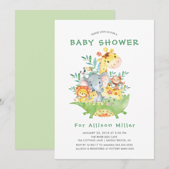 Jungle Safari Animals Baby Shower-inbjudningar Inbjudningar (Fram/baksida)
