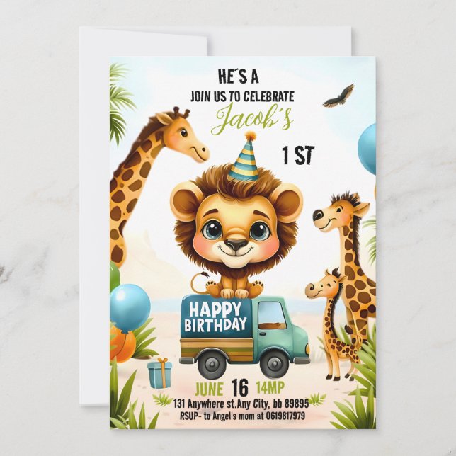 Jungle Safari Animals Boy 1st Birthday Inbjudningar (Framsida)