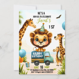 Jungle Safari Animals Boy 1st Birthday Inbjudningar