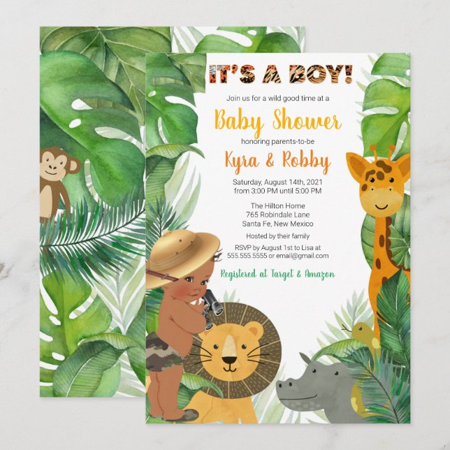Jungle Safari Animals Boy Shower Inbjudningar (Fram/baksida)