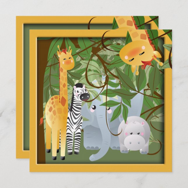 Jungle Safari Animals Födelsedagsfest Inbjudan (Fram/baksida)