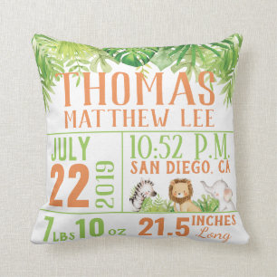 Jungle Safari Animals födelsetal Pojke Nursery Kudde