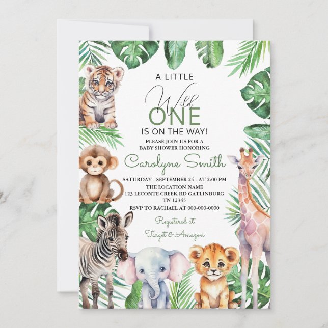 Jungle Safari Animals Greenery Baby Shower Inbjudningar (Framsida)