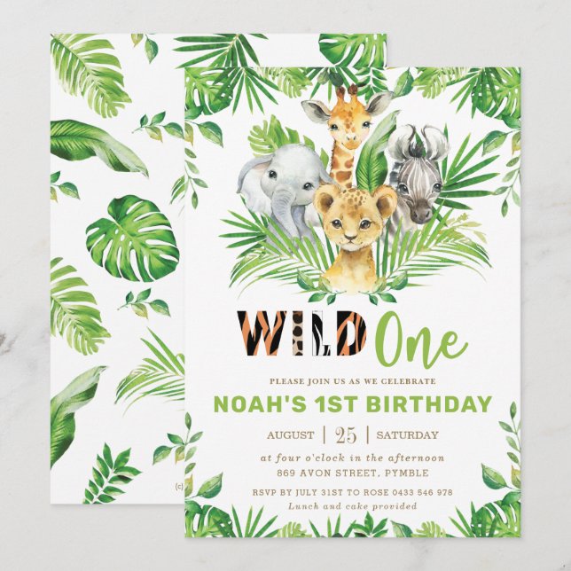 Jungle Safari Animals Greenery Boy 1st Birthday Inbjudningar (Fram/baksida)
