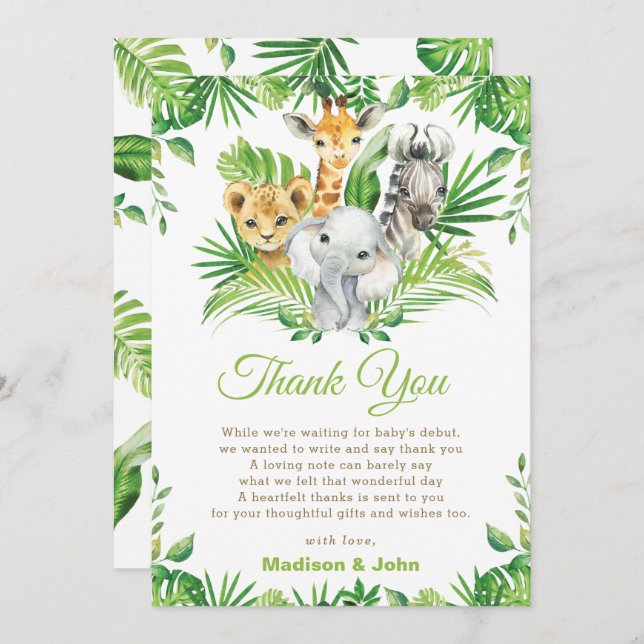Jungle Safari Animals Greenery Neutral Baby Shower Tack Kort (Fram/baksida)