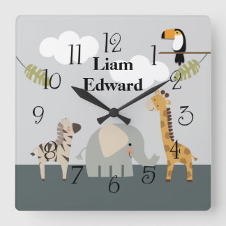 Jungle Safari Animals Nursery Wall Clock Fyrkantig Klocka
