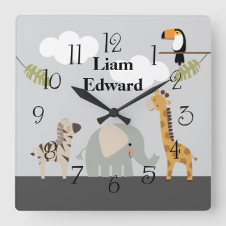 Jungle Safari Animals Nursery Wall Clock Fyrkantig Klocka