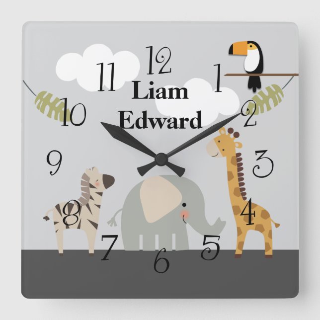 Jungle Safari Animals Nursery Wall Clock Fyrkantig Klocka (Framsida)