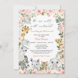 Jungle Safari Animals Rosa Blommigt Baby Shower  Inbjudningar