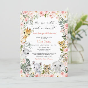 Jungle Safari Animals Rosa Blommigt Baby Shower Inbjudningar