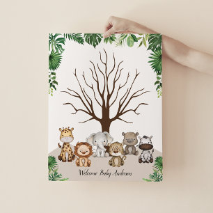 Jungle Safari Animals Thumbprint Träd Guestbook Poster
