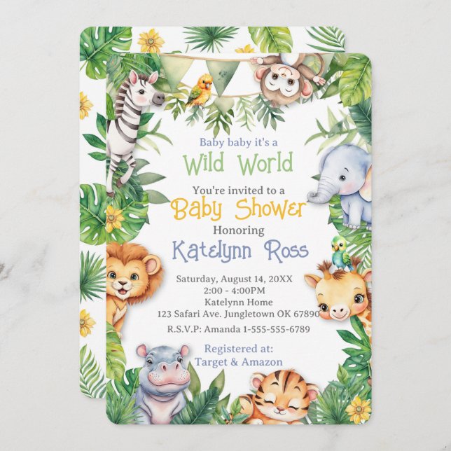 Jungle Safari Baby Shower Inbjudningar (Fram/baksida)