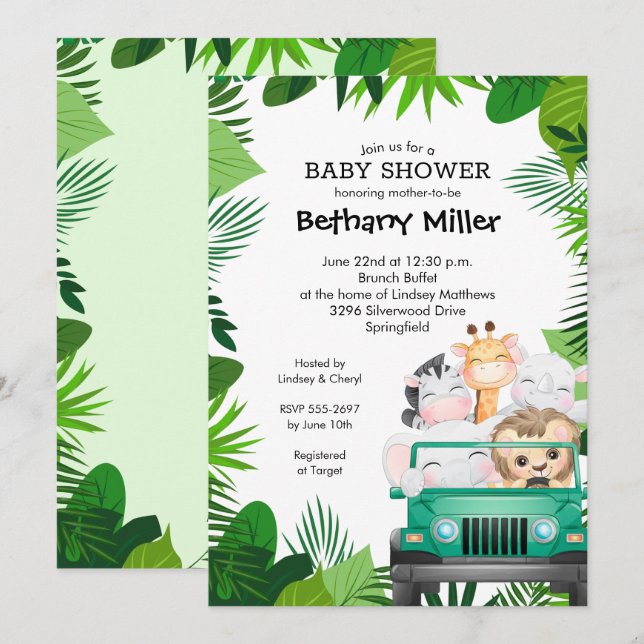 Jungle Safari Baby Shower-inbjudningar (Fram/baksida)