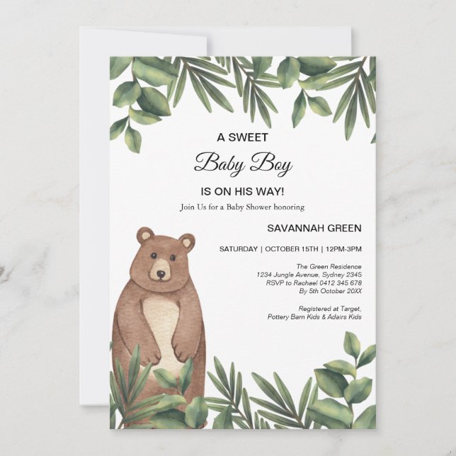 Jungle Safari Bear Boy Shower-inbjudan Spara Datumet (Framsida)