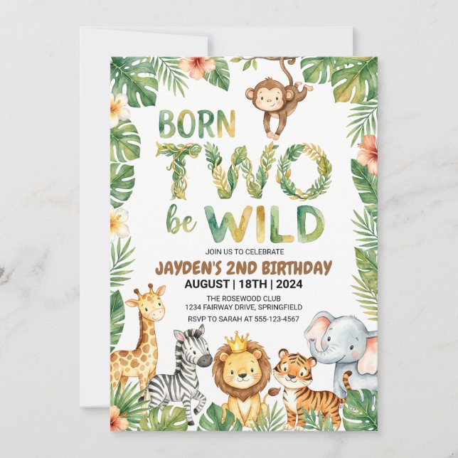 Jungle Safari Born Two Be Wild Birthday Invitation Inbjudningar (Framsida)