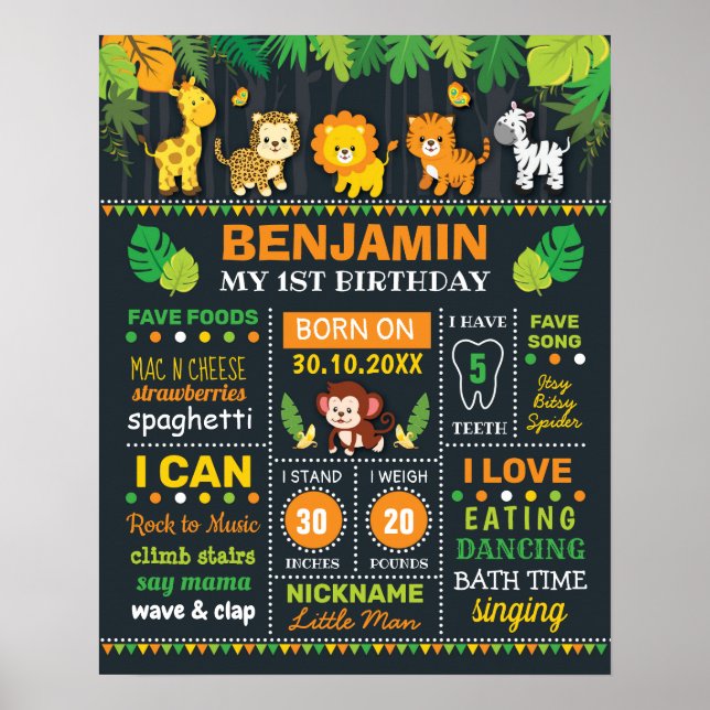 Jungle Safari Boy Birth Stats Birthday Milestone Poster (Framsidan)