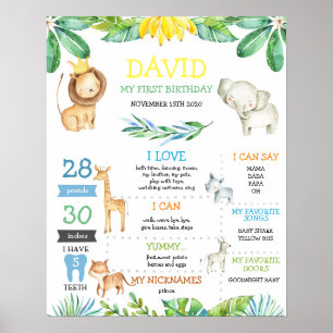 Jungle Safari Boy First Birthday Milestone Poster