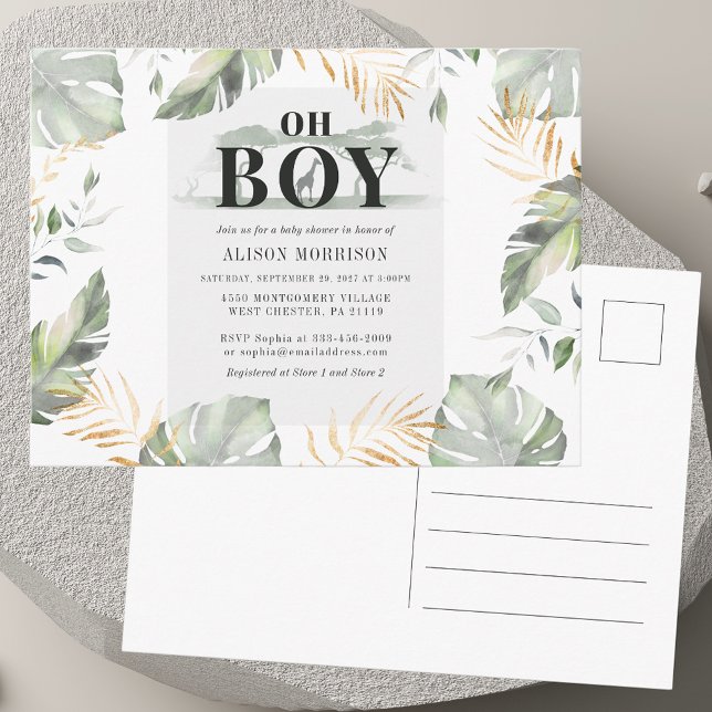 Jungle Safari Boy Giraffe Baby Shower Inbjudan Vykort (Jungle Safari Boy Giraffe Baby Shower Invitation Postcard)