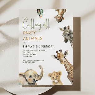 Jungle Safari "Calling all Party Animals" Birthday Inbjudningar