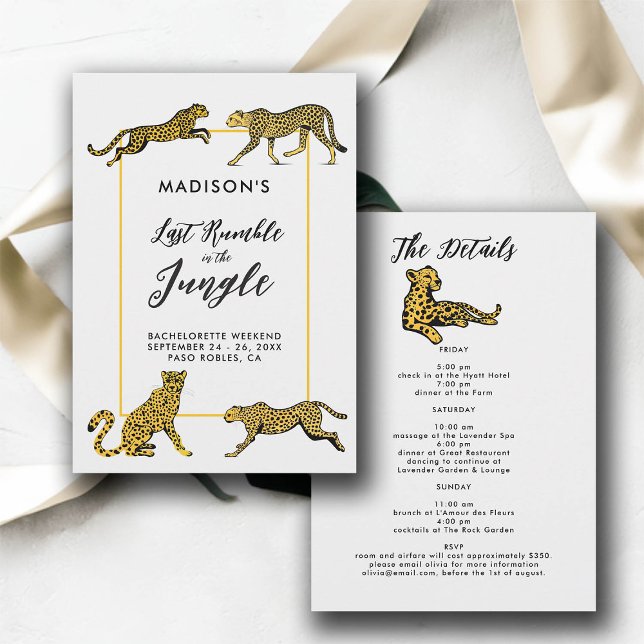 Jungle Safari Cheetah Bachelorette Party Itinerary Inbjudningar (jungle safari bachelorette party itinerary cheetah illustration last rumble elegant modern simple )