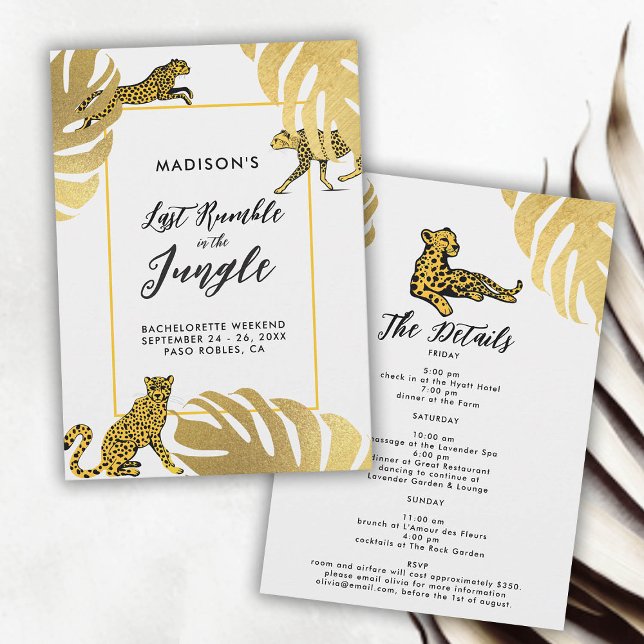 Jungle Safari Cheetah Guld Bachelorette Itinerary Inbjudningar (last rumble jungle safari bachelorette party itinerary invitation cheetah monstera gold leaf elegant)