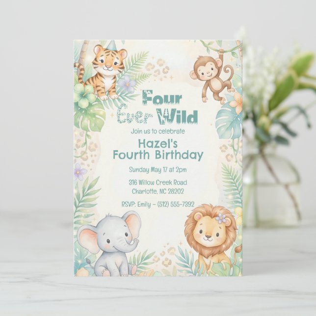 Jungle Safari Djur Four Ever Wild 4-års födelsedag Inbjudningar (Stående Fram)