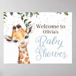 Jungle Safari Giraffe Blue Welcome Baby Shower Poster