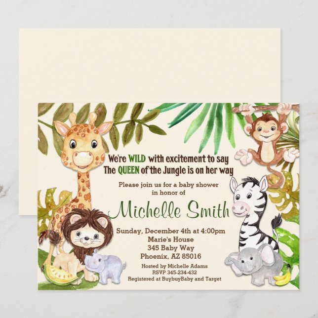 Jungle Safari Girl Queen of Jungle Baby Shower Inbjudningar (Fram/baksida)