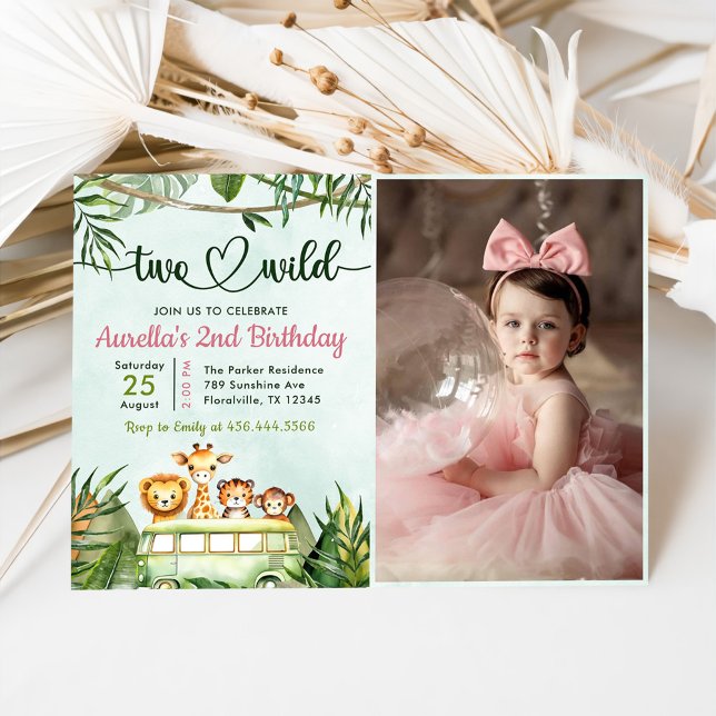 Jungle Safari Girl Two Vild 2nd Birthday Photo Inbjudningar (Skapare uppladdad)
