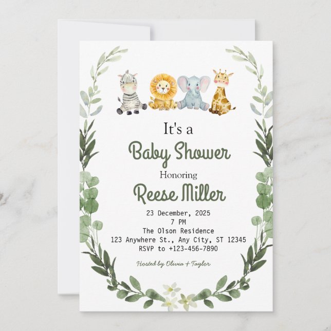 Jungle Safari Greenery Baby Shower Party Inbjudningar (Framsida)