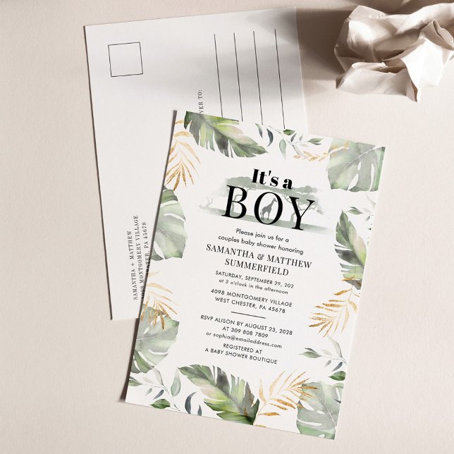 Jungle Safari Greenery Par Baby Shower Inbjudan Vykort (Palm Leaves Boy Baby Shower Invitation Post Card)