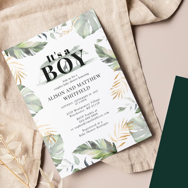 Jungle Safari Handflatan Lämnar Par Baby Shower Inbjudningar (Jungle Palm Leaves Couples Boy Baby Shower Invitation)
