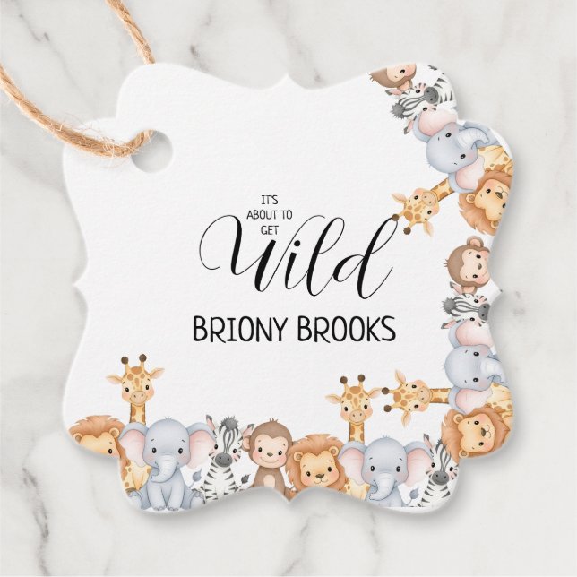 Jungle Safari "It's About To Get Wild" Baby Shower Gåvor Etiketter (Framsida)