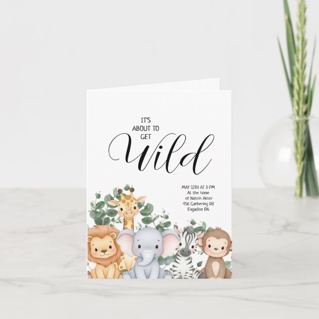 Jungle Safari "It's About To Get Wild" Baby Shower Inbjudan (Framsida)