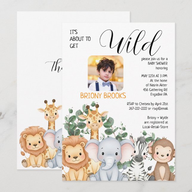 Jungle Safari "It's About To Get Wild" Baby Shower Inbjudningar (Fram/baksida)