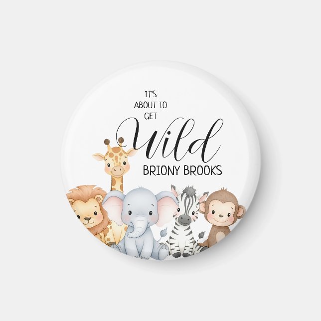 Jungle Safari "It's About To Get Wild" Baby Shower Magnet (Framsidan)