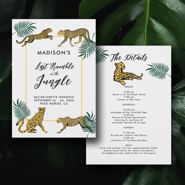 Jungle Safari Löv Cheetah Bachelorette Itinerary Inbjudningar (safari jungle cheetah print last rumble bachelorette party itinerary invitation tropical leaf chic)